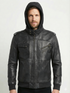 Men Biker FLV Hooded Bomber Lambskin Leather Jacket Style - 634