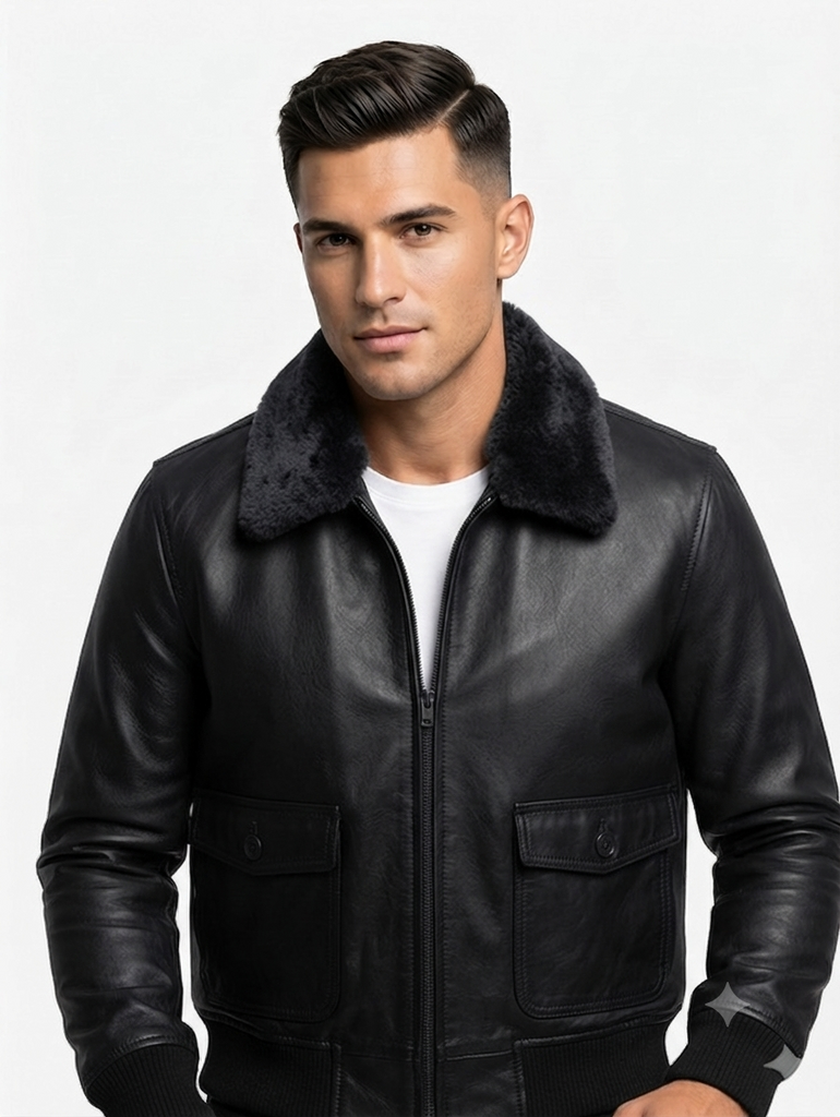 Men G-1 Navy Bomber Real Leather Jacket with Removable Fur Style 576-B
