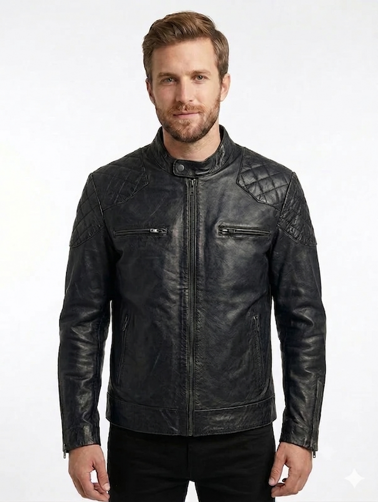 Men British Model Cafe Racer Biker Leather Jacket Style - 744