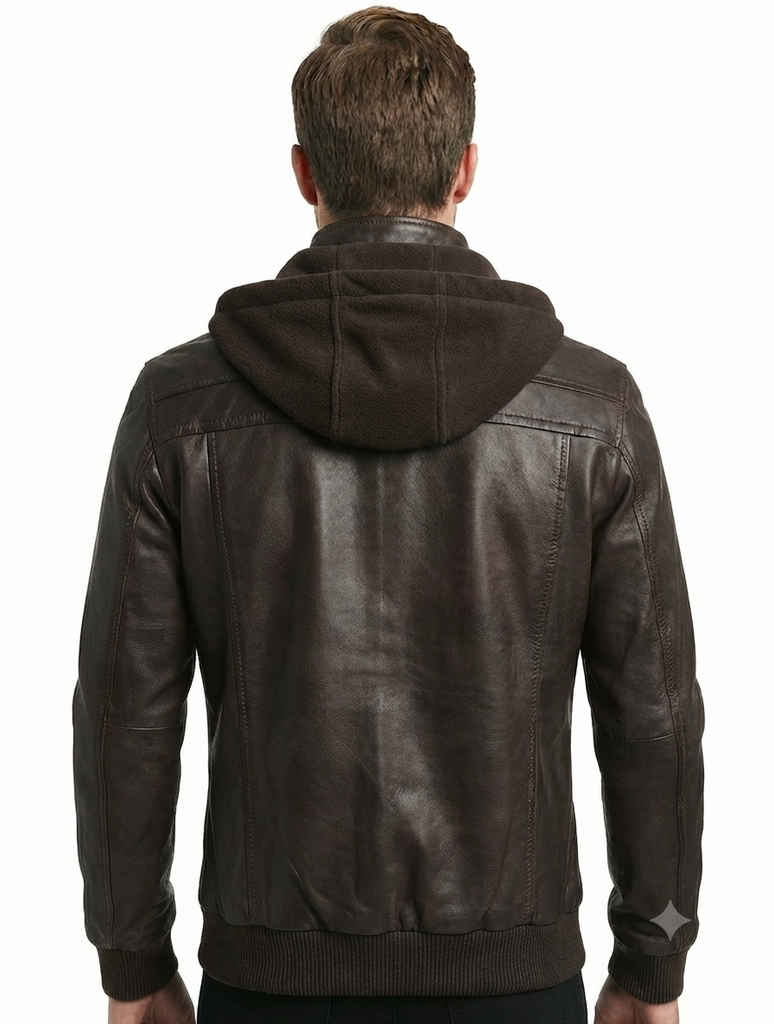 Men Biker FLV Hooded Bomber Lambskin Leather Jacket Style - 634