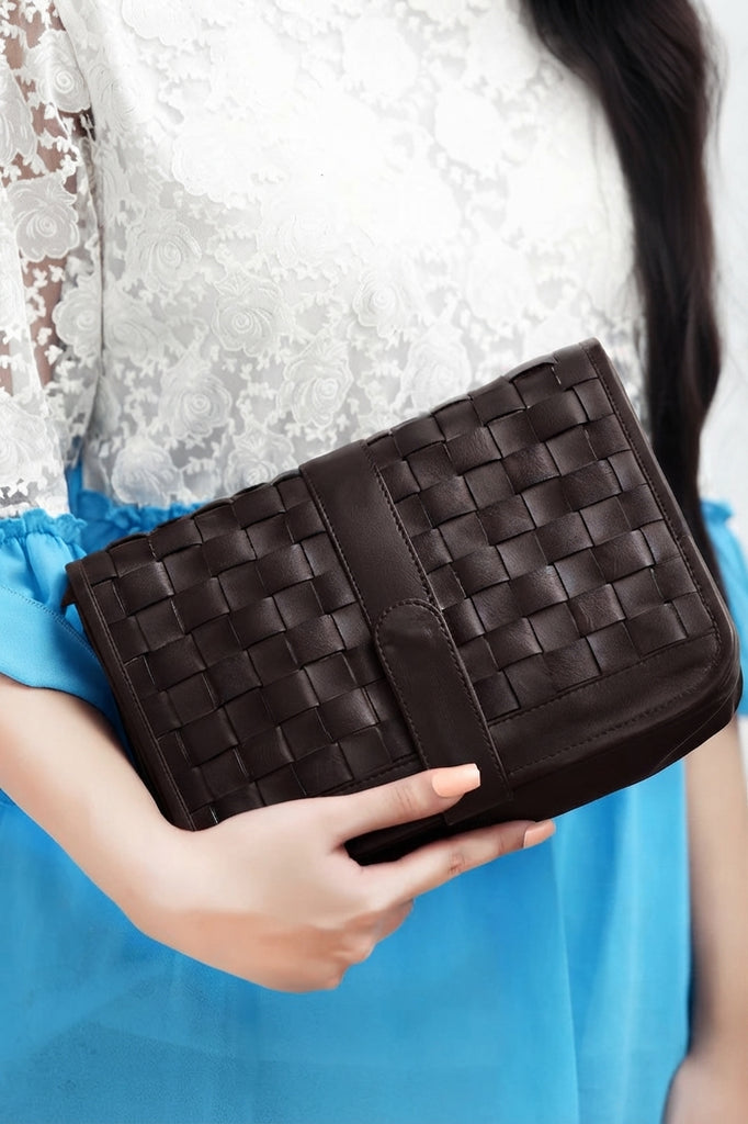 Women Leather Brown Vintage Clutch Bag Purse Braided Evening Bag for Party Genuine Cowhide Leather