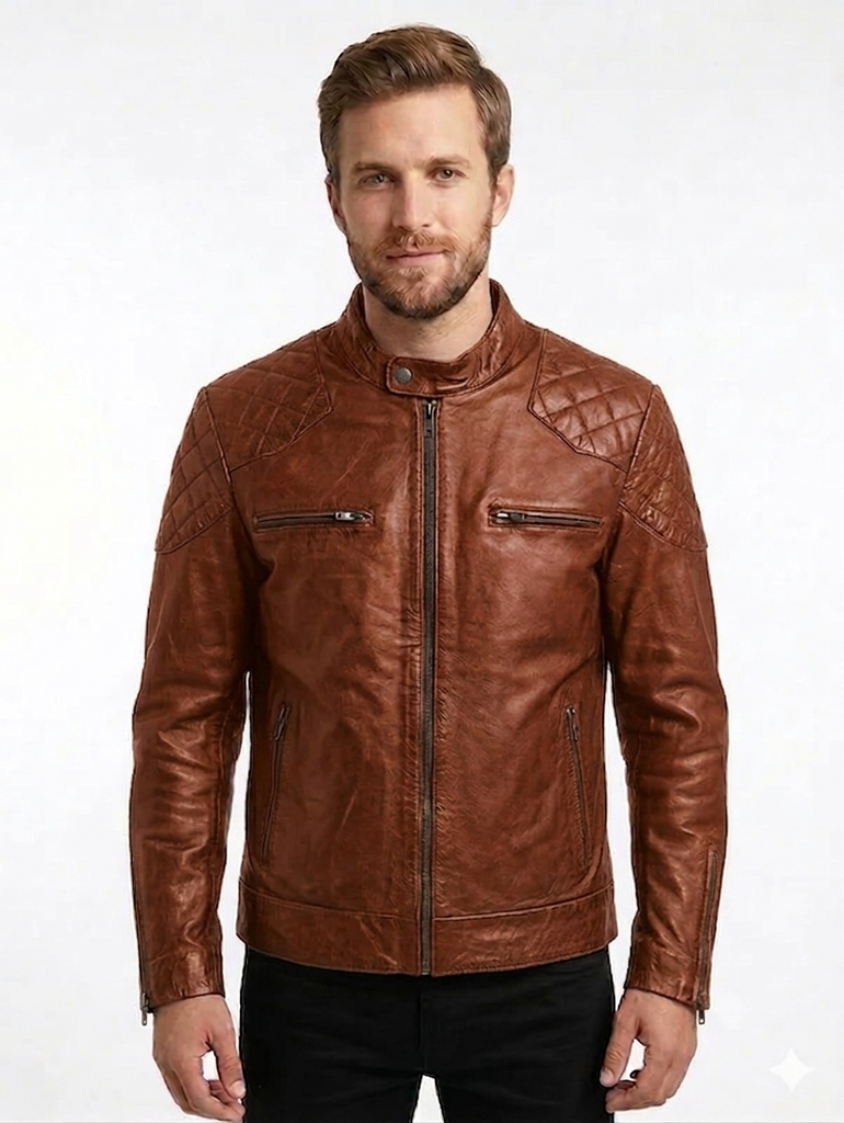 Men British Model Cafe Racer Biker Leather Jacket Style - 744