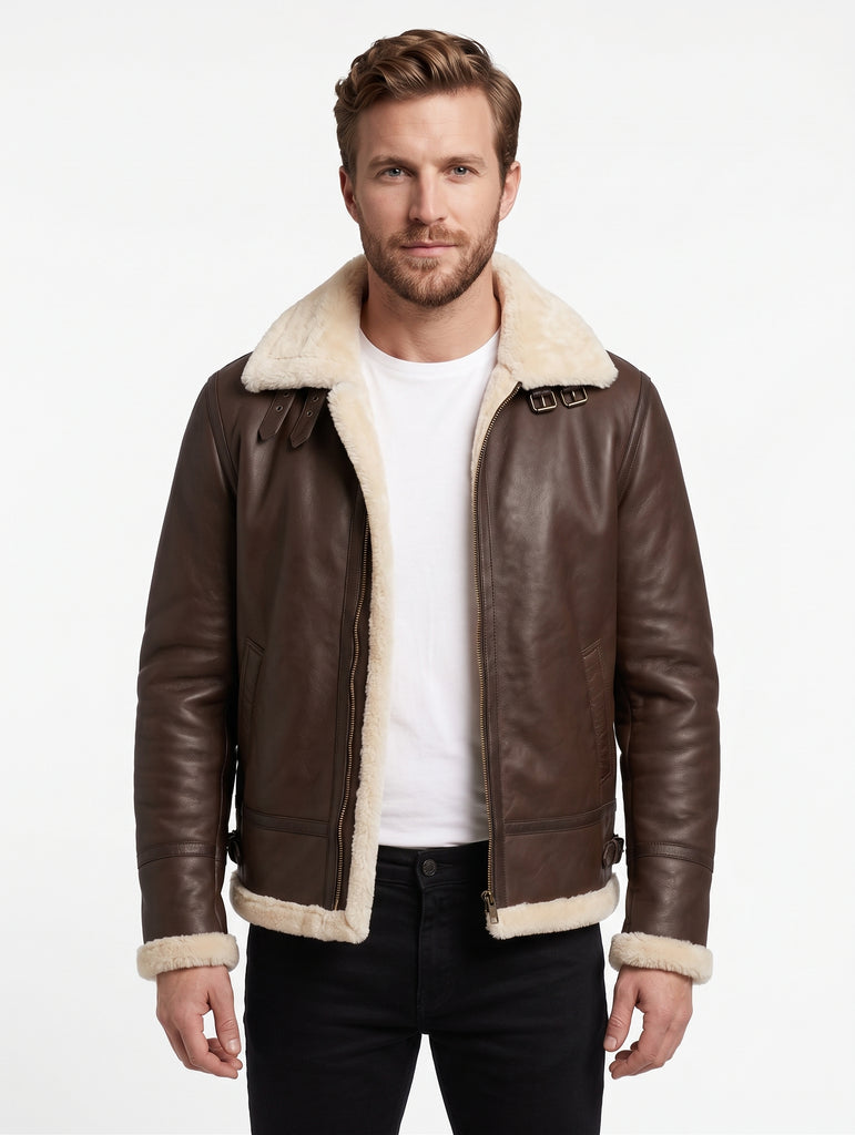 Men B3 Aviator Bomber Pilots Brown Lambskin Leather with Artificial Shearling Lining Style - 916