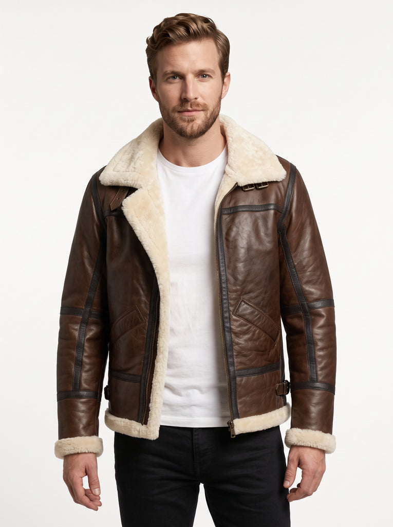 Men B3 Aviator Bomber Pilots Warm Brown Lambskin Leather with Artificial Shearling Lining Style - 916