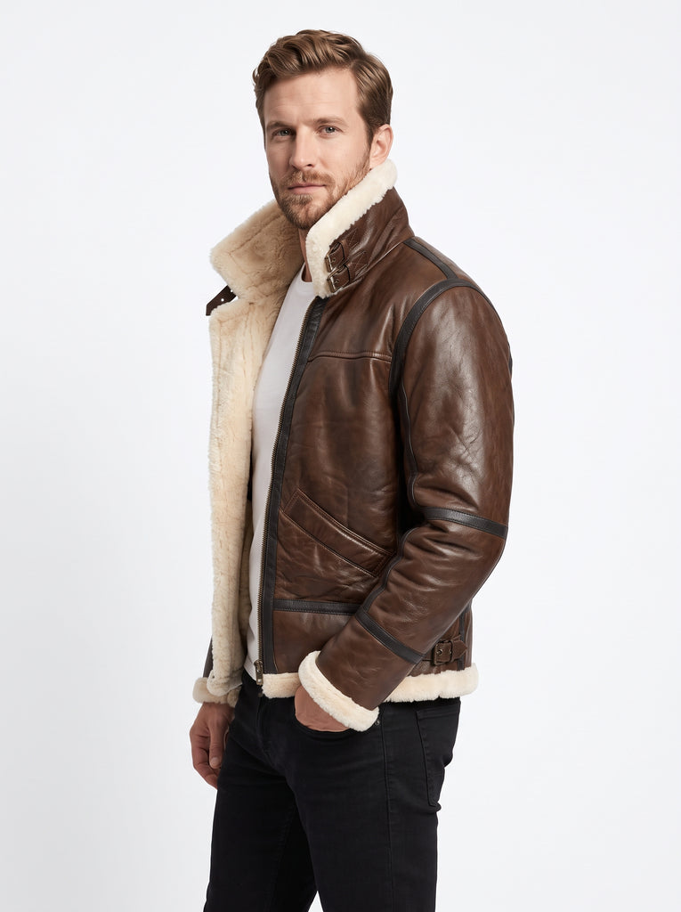 Men B3 Aviator Bomber Pilots Warm Brown Lambskin Leather with Artificial Shearling Lining Style - 916