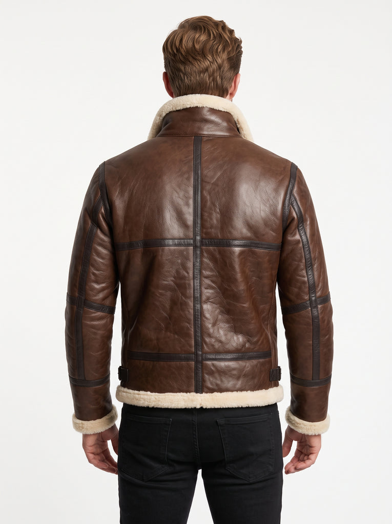 Men B3 Aviator Bomber Pilots Warm Brown Lambskin Leather with Artificial Shearling Lining Style - 916