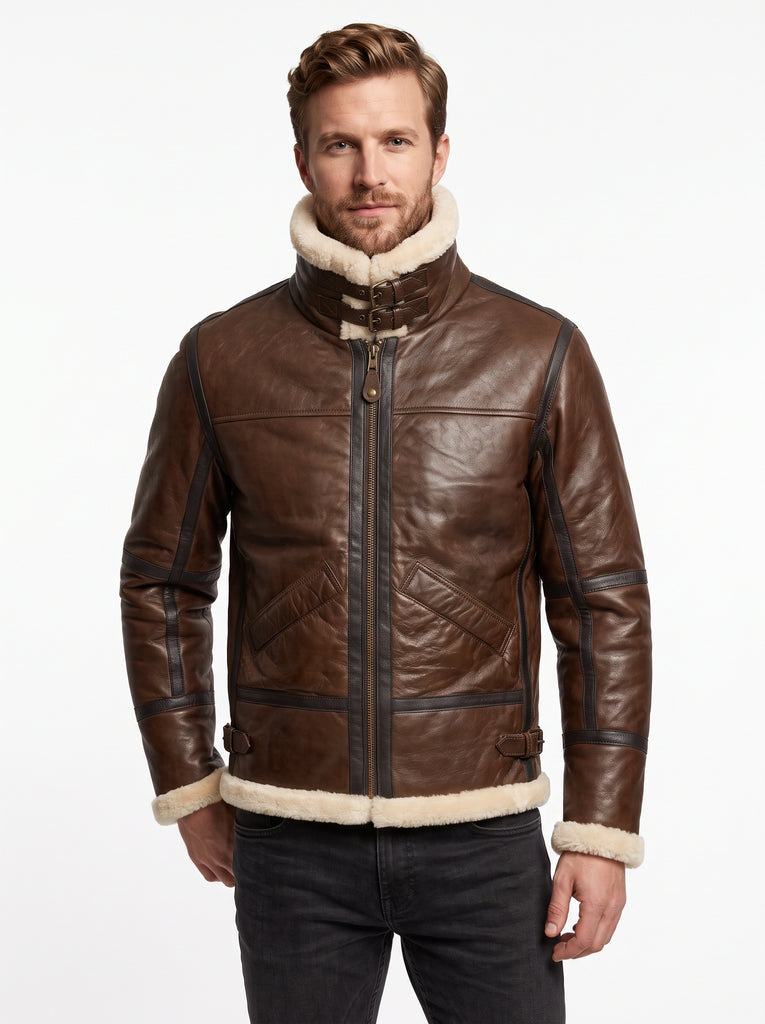 Men B3 Aviator Bomber Pilots Warm Brown Lambskin Leather with Artificial Shearling Lining Style - 916