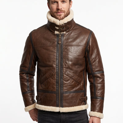 Men B3 Aviator Bomber Pilots Warm Brown Lambskin Leather with Artificial Shearling Lining Style - 916