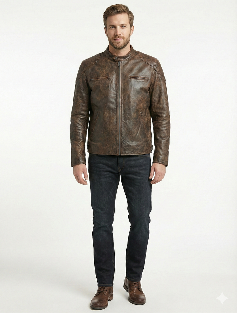 Men BJS Biker Cafe Racer Leather Jacket