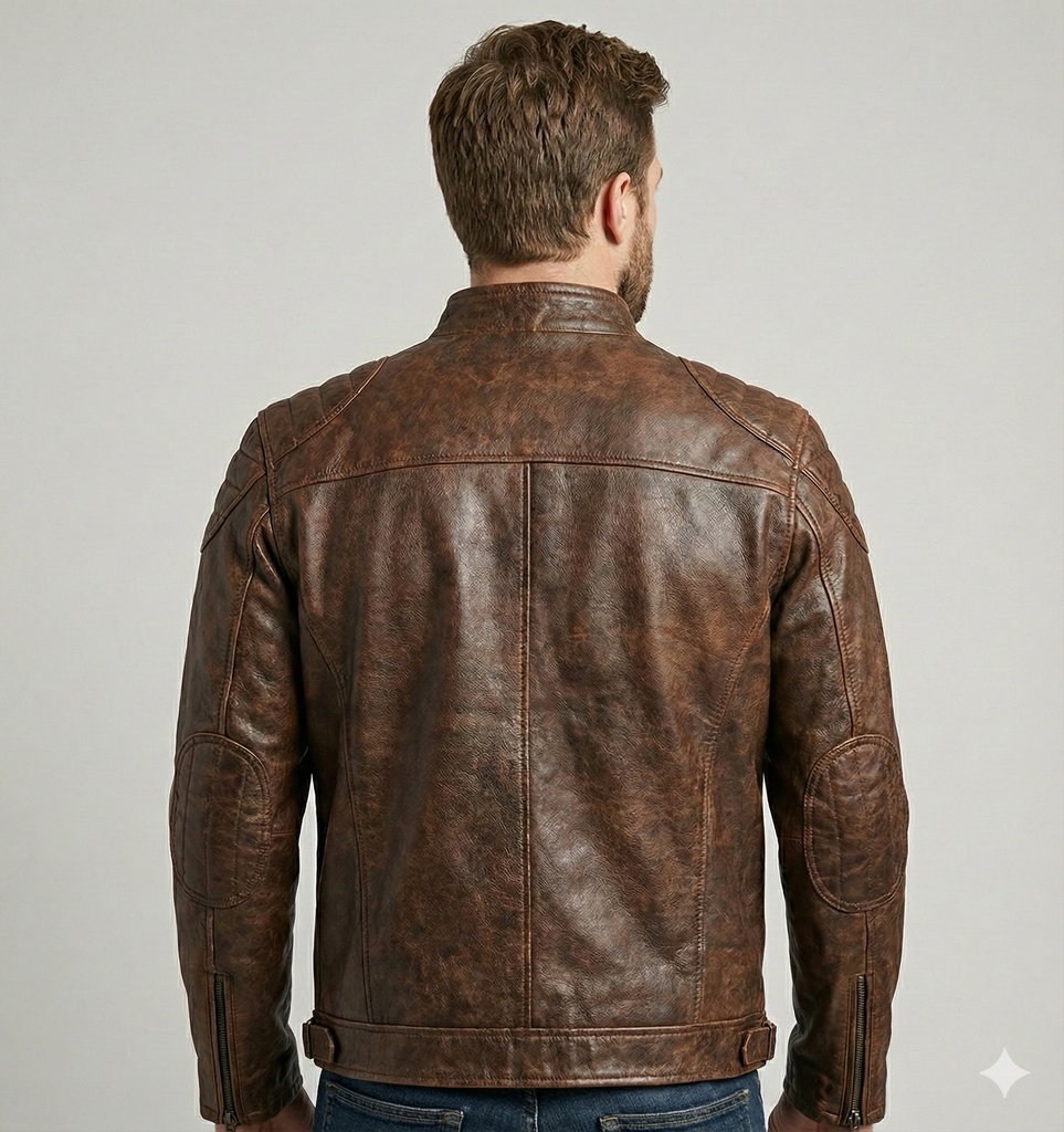Men BJS Biker Cafe Racer Leather Jacket