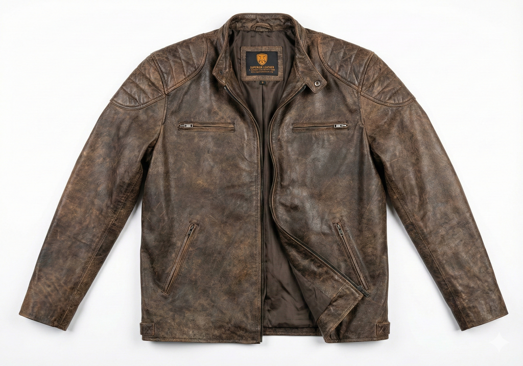 Men BJS Biker Cafe Racer Leather Jacket