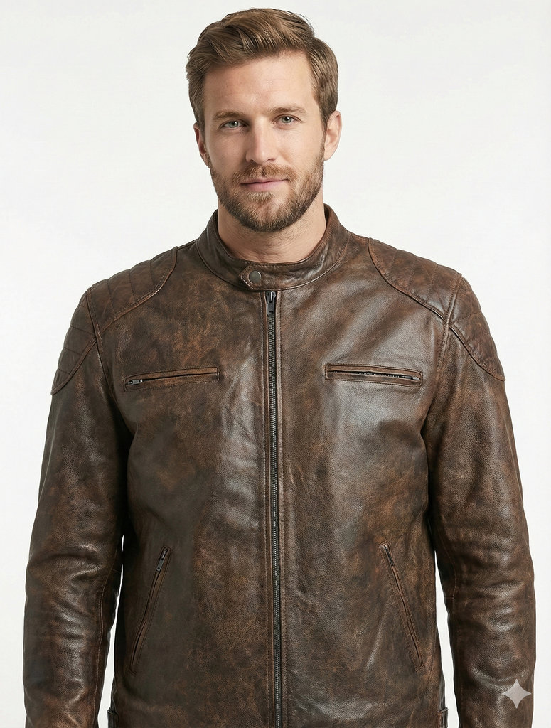 Men BJS Biker Cafe Racer Leather Jacket