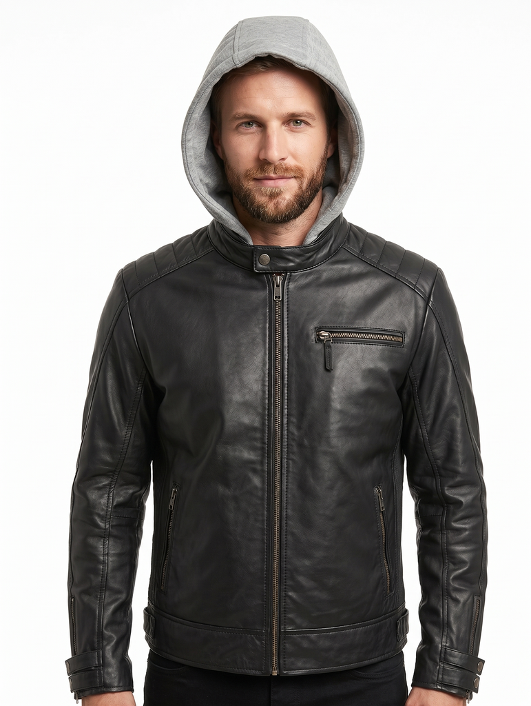 Men Batman Justice League Lambskin Leather Jacket with Fleece Hood Style - 580