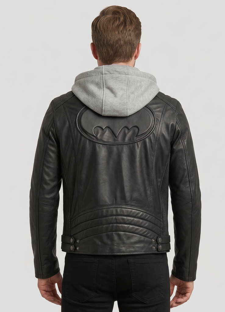 Men Batman Justice League Lambskin Leather Jacket with Fleece Hood Style - 580