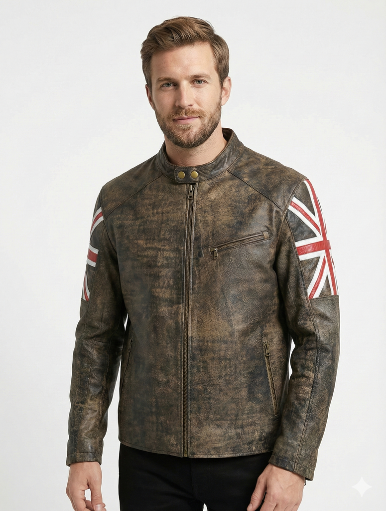 Men UKF4 Biker Vintage Cafe Racer Distressed Black Leather Jacket Style - 974