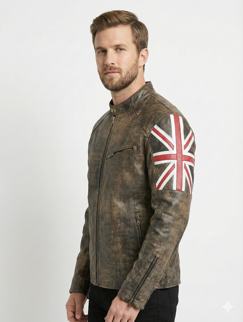 Men UKF4 Biker Vintage Cafe Racer Distressed Black Leather Jacket Style - 974