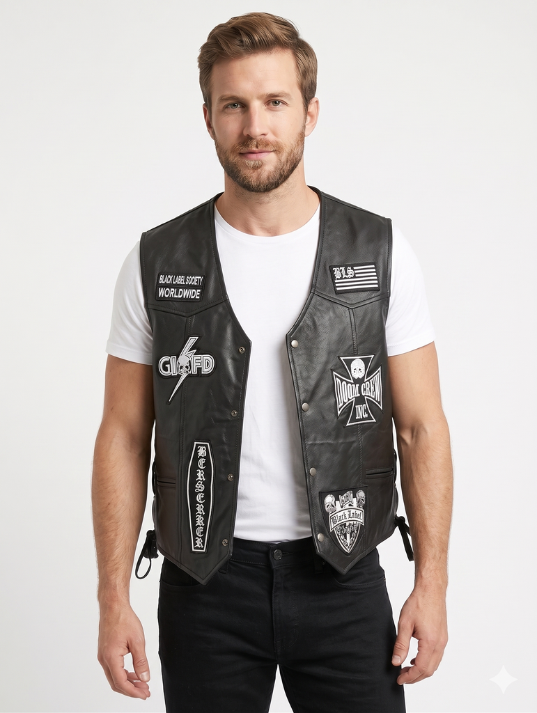 Men Black Label Society Real Leather Vest Style - 883