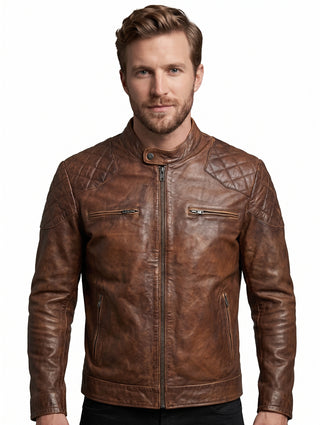 Men British Model Cafe Racer Biker Tan Brown Leather Jacket Style - 744