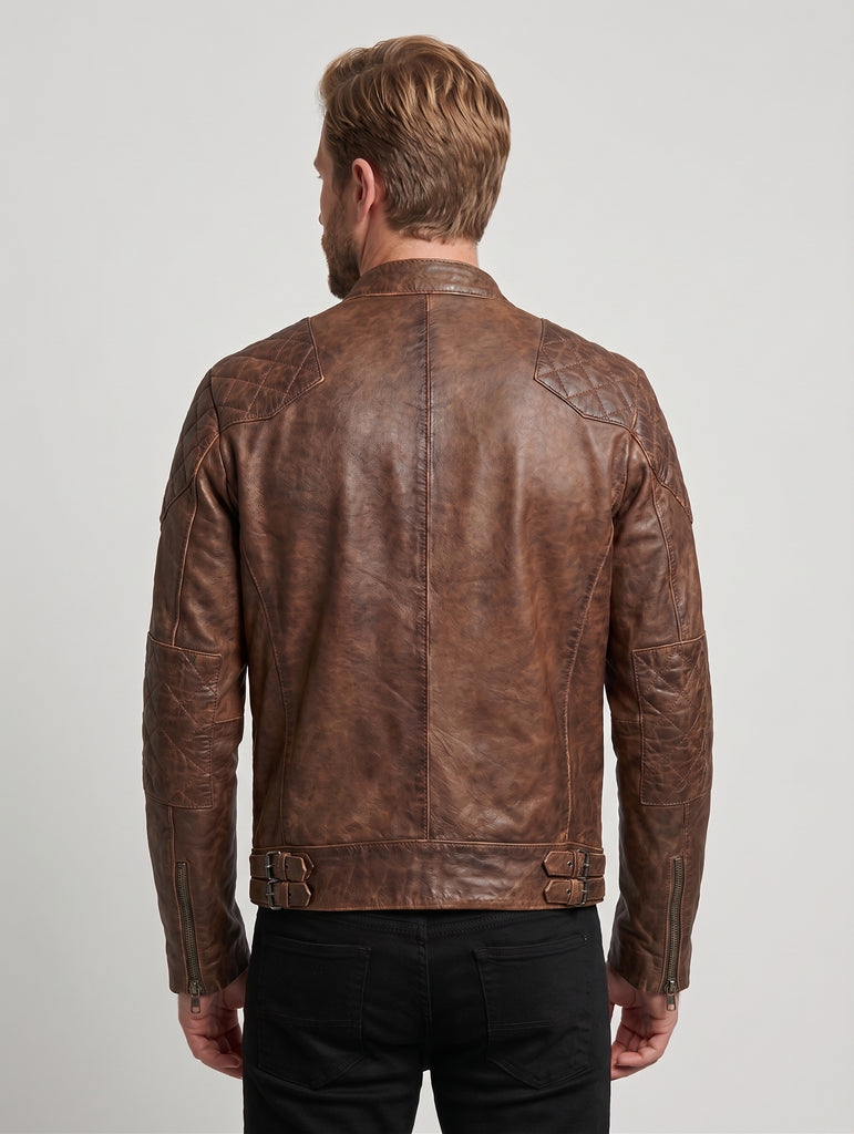Men British Model Cafe Racer Biker Tan Brown Leather Jacket Style - 744
