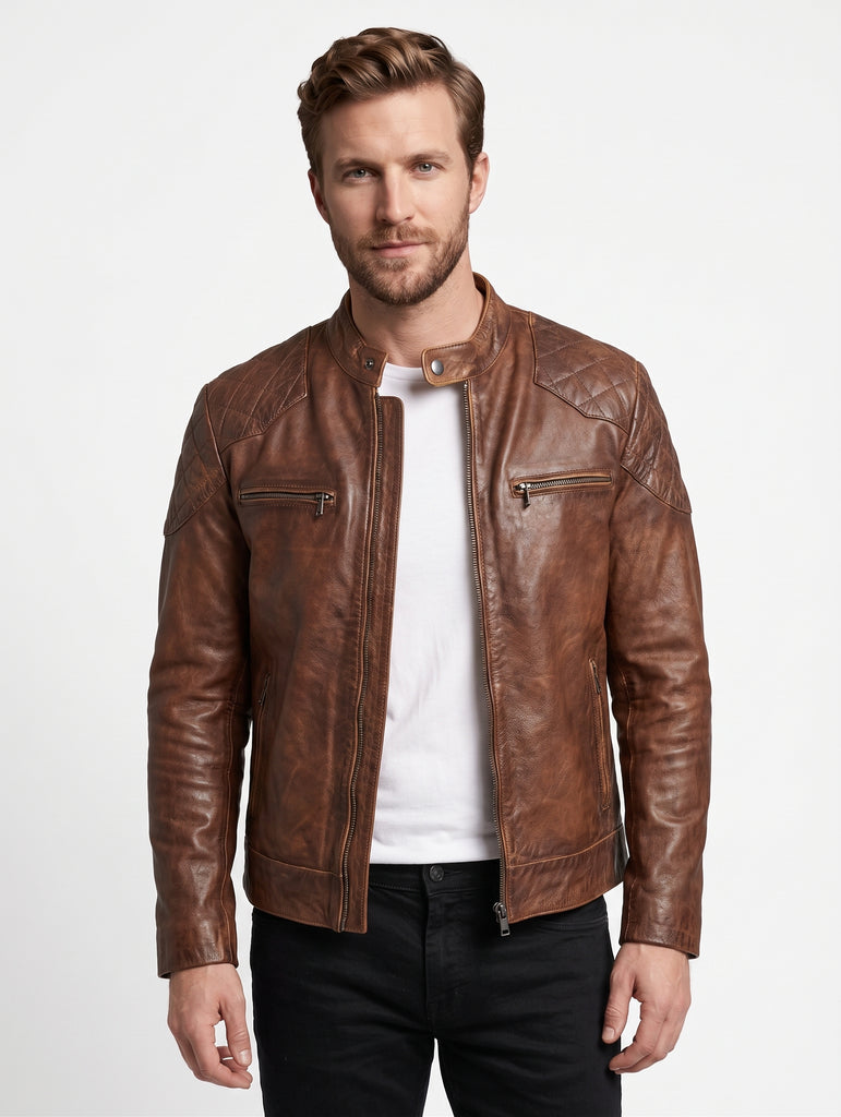 Men British Model Cafe Racer Biker Tan Brown Leather Jacket Style - 744
