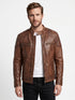Men British Model Cafe Racer Biker Tan Brown Leather Jacket Style - 744