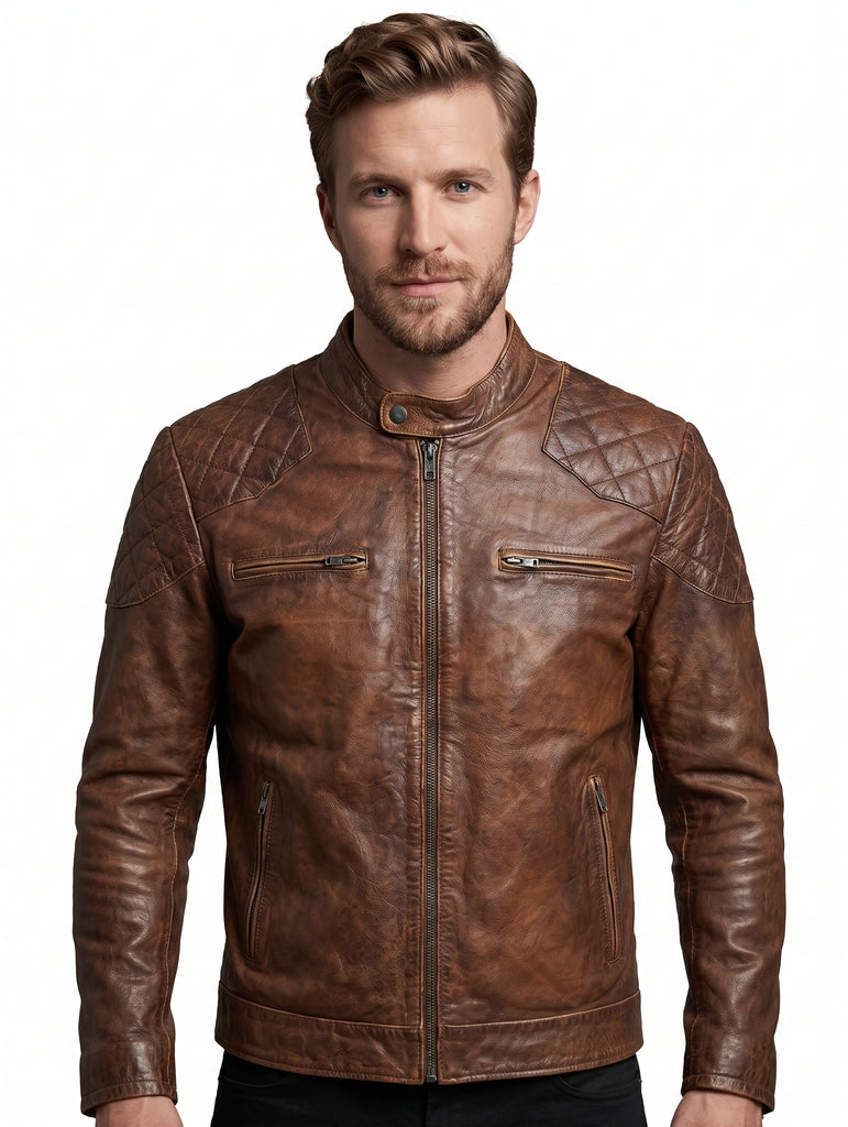 Men British Model Cafe Racer Biker Tan Brown Leather Jacket Style - 744