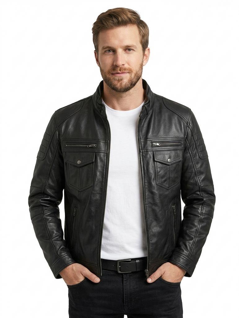 Men DJ Cafe Racer Biker Real Leather Jacket Style - 1152