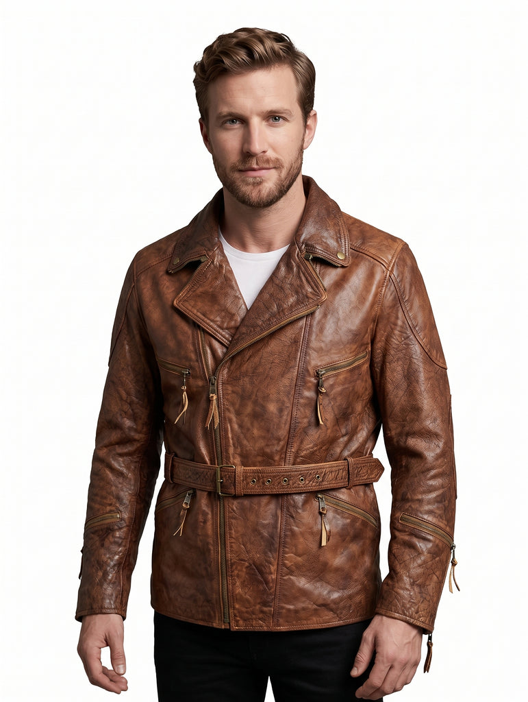 Men Eddie Biker Leather 3/4 Length Motorcycle Jacket Style - 412