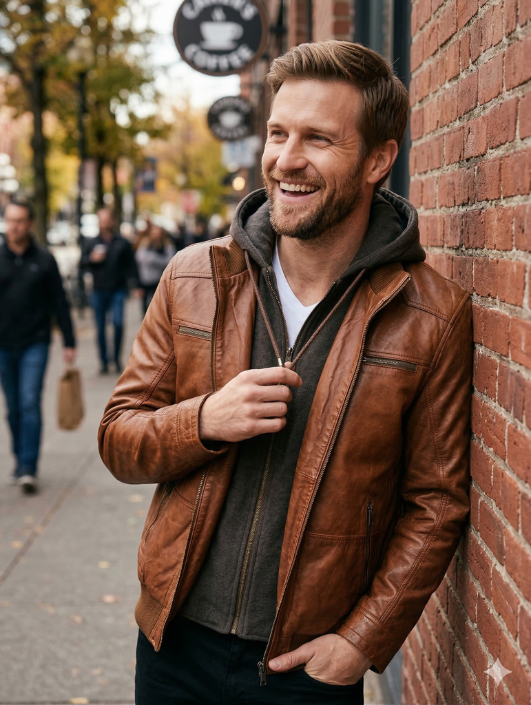 Men FVL Hooded Bomber Lambskin Leather Jacket Style - 1091