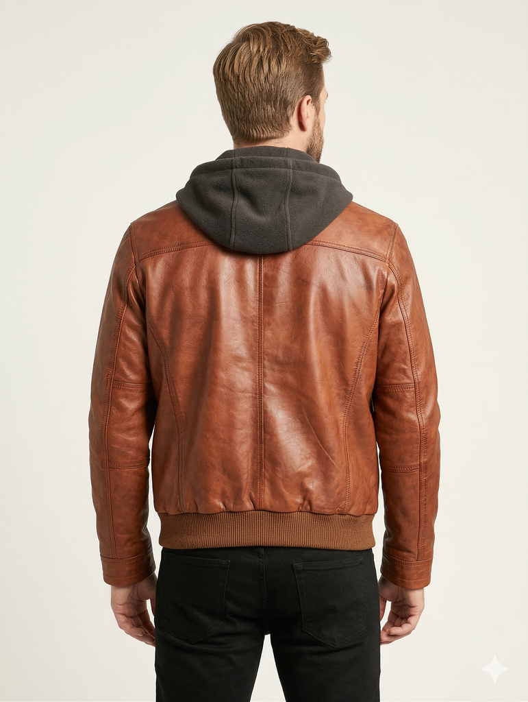 Men FVL Hooded Bomber Lambskin Leather Jacket Style - 1091