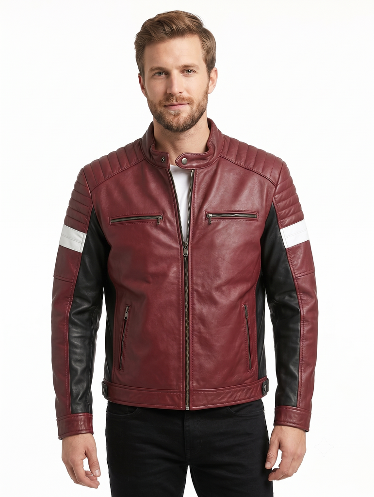 Men Fame Soft Lamb Skin Moto Racer Jacket in Bordeaux and Black Style - 1063