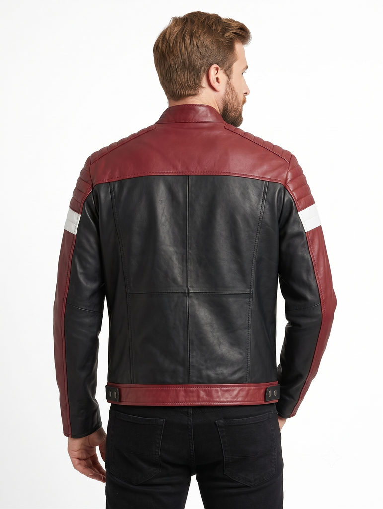 Men Fame Soft Lamb Skin Moto Racer Jacket in Bordeaux and Black Style - 1063