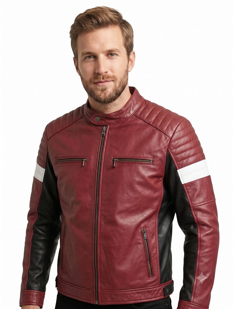 Men Fame Soft Lamb Skin Moto Racer Jacket in Bordeaux and Black Style - 1063