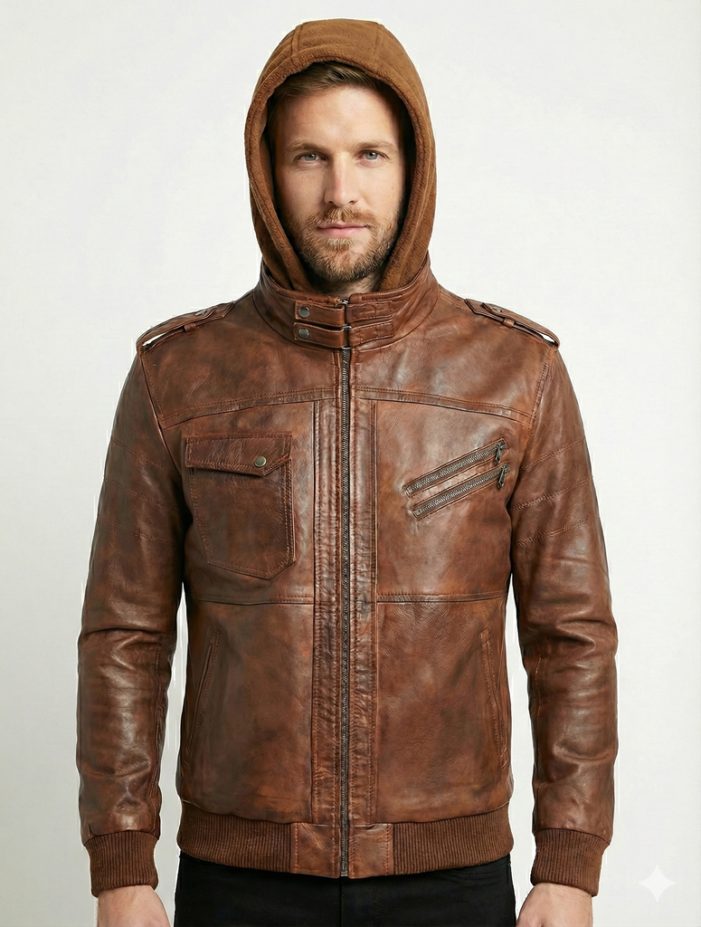 Men Biker FLV Hooded Bomber Lambskin Leather Jacket Style - 634