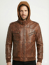 Men Biker FLV Hooded Bomber Lambskin Leather Jacket Style - 634