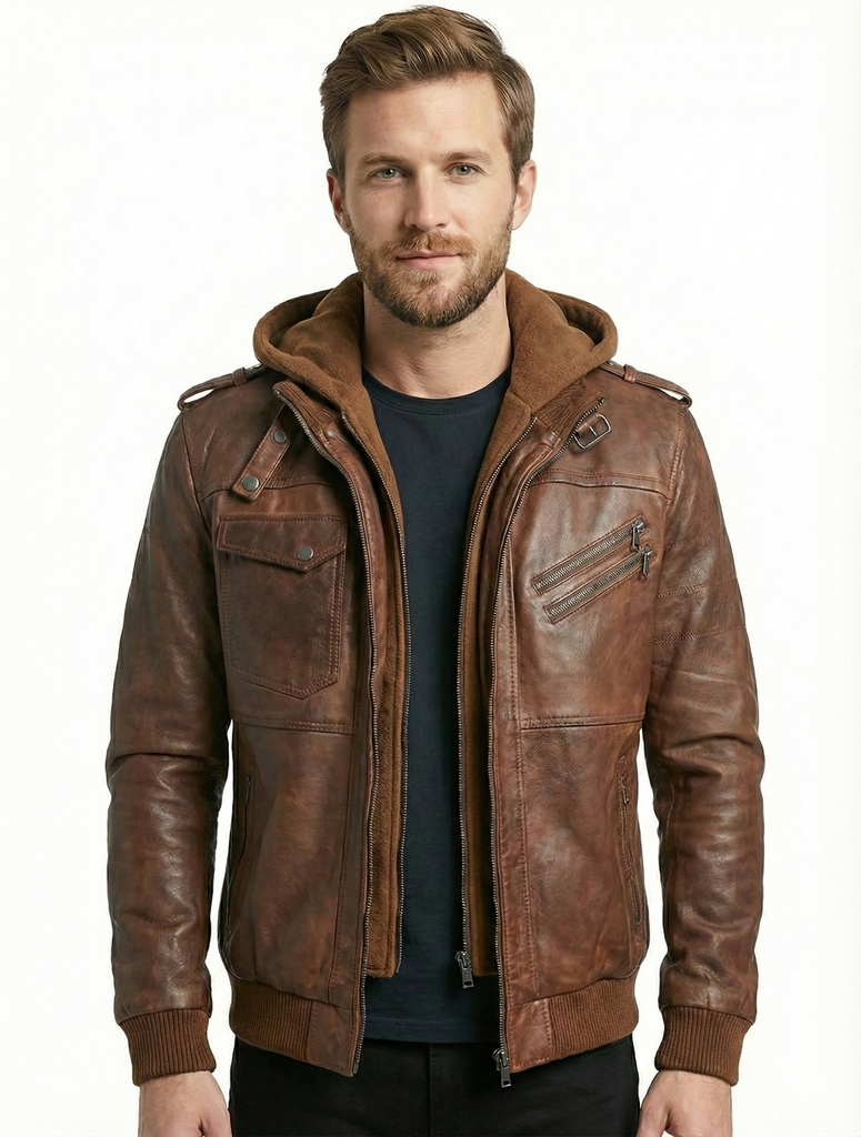 Men Biker FLV Hooded Bomber Lambskin Leather Jacket Style - 634
