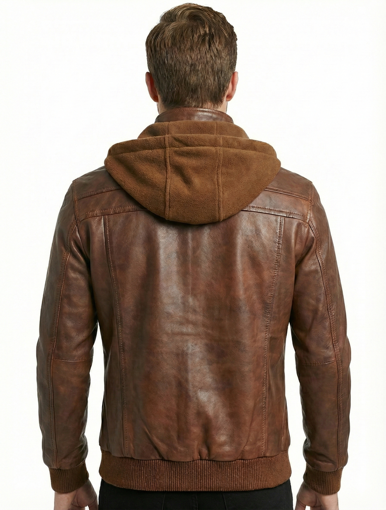 Men Biker FLV Hooded Bomber Lambskin Leather Jacket Style - 634