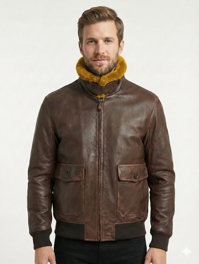 Men G-1 Navy Real Bomber Leather Jacket with Removable Fur Style 576-C