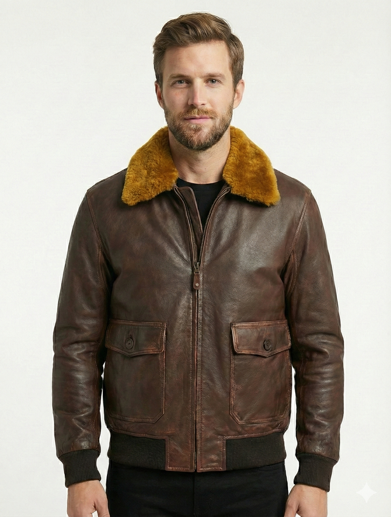 Men G-1 Navy Real Bomber Leather Jacket with Removable Fur Style 576-C