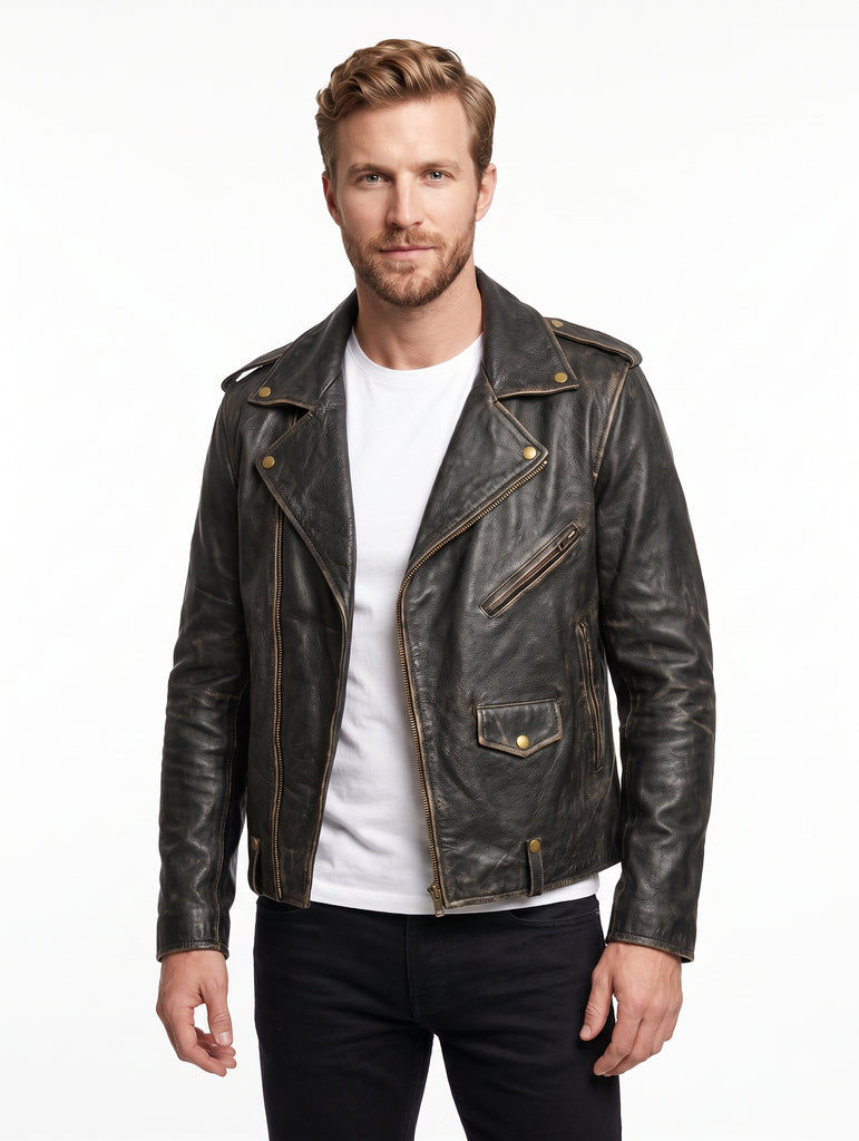 Men GK Brando Biker Cross Zip Motorcycle Distress Real Leather Jacket Style - 442