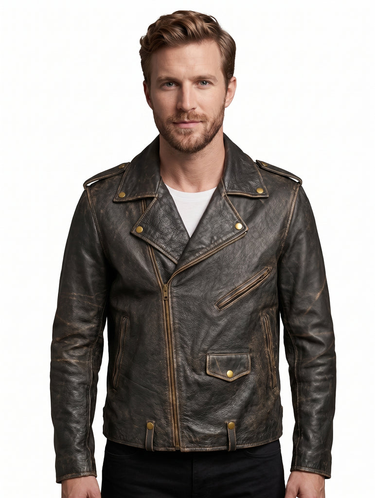 Men GK Brando Biker Cross Zip Motorcycle Distress Real Leather Jacket Style - 442