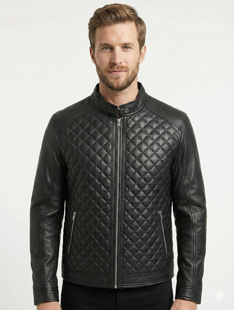 Men GW2 Biker Cafe Racer Dimond Quilted Leather Jacket Style - 786