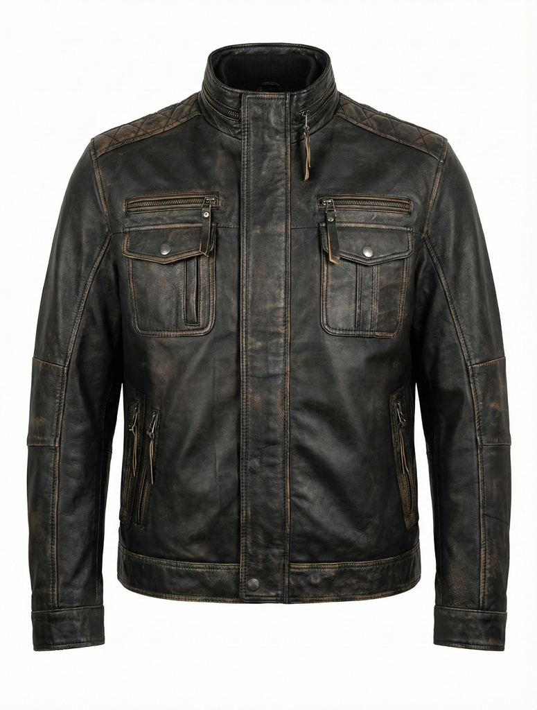 Men INT Real Leather Jacket Distress Black Lambskin Style - 391