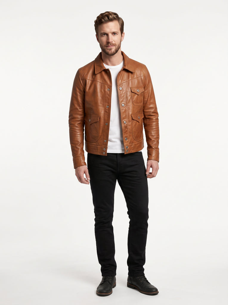 Men Japanes Classic Vintage Brando Utility Biker Real Leather Jacket Style - 1123