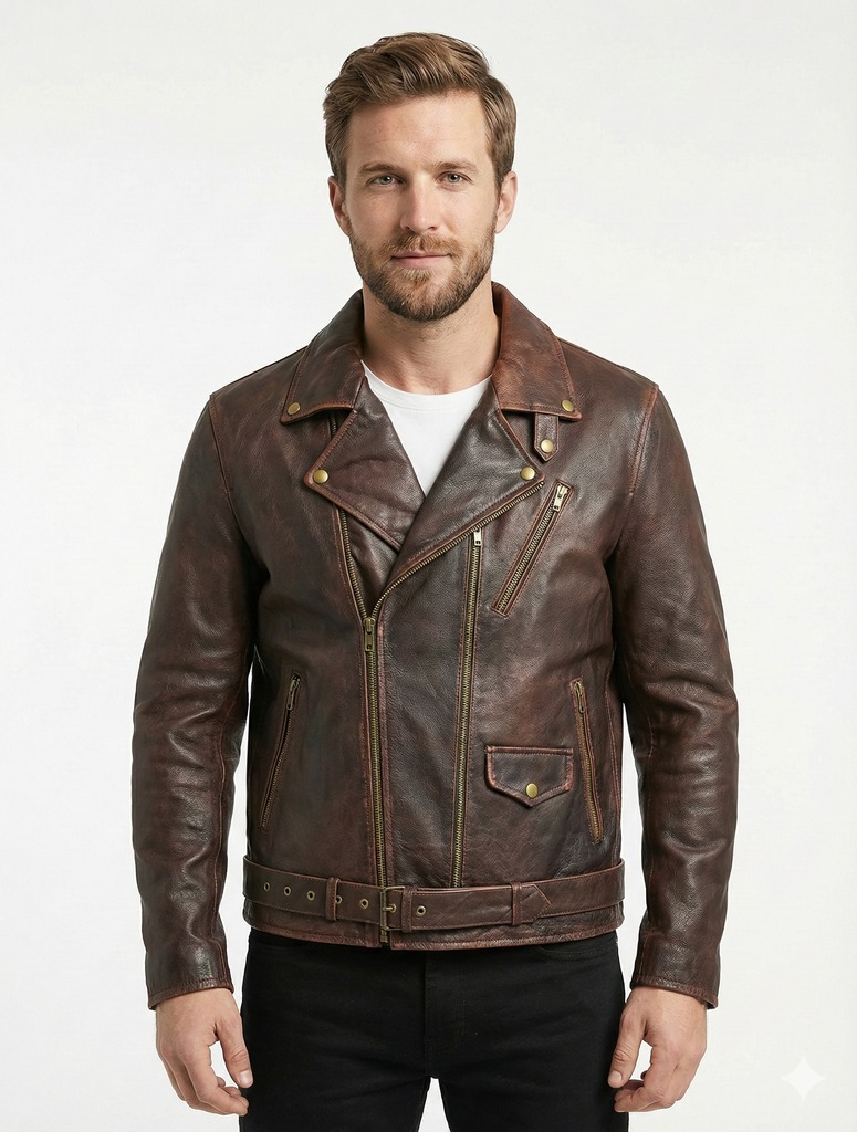 Mens Mapel Cafe Racer Distress Biker Leather Jacket Style - 781