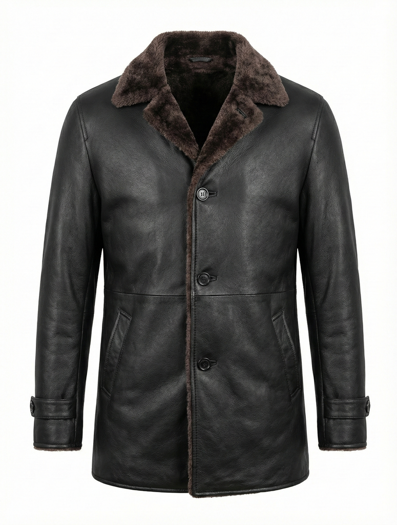 Men Moto Coat 3/4 Length with Artificial Shearling - Button Up Leather Coat Style - 1071