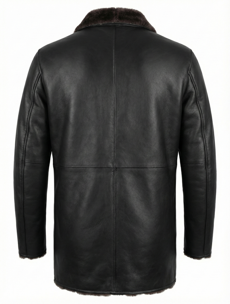 Men Moto Coat 3/4 Length with Artificial Shearling - Button Up Leather Coat Style - 1071