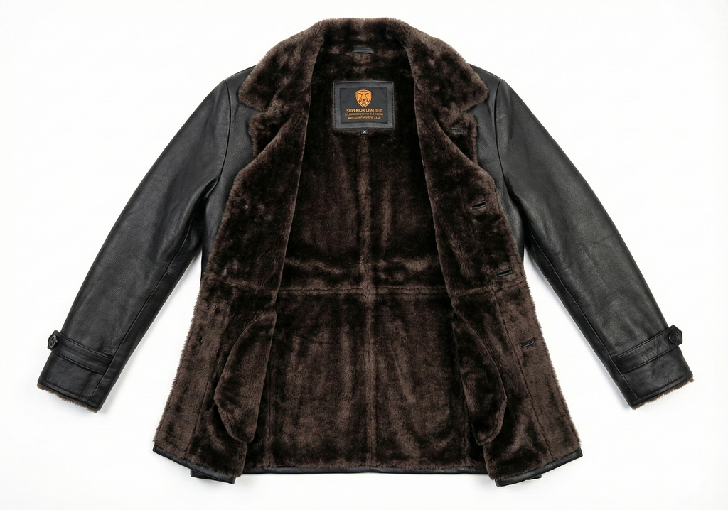 Men Moto Coat 3/4 Length with Artificial Shearling - Button Up Leather Coat Style - 1071