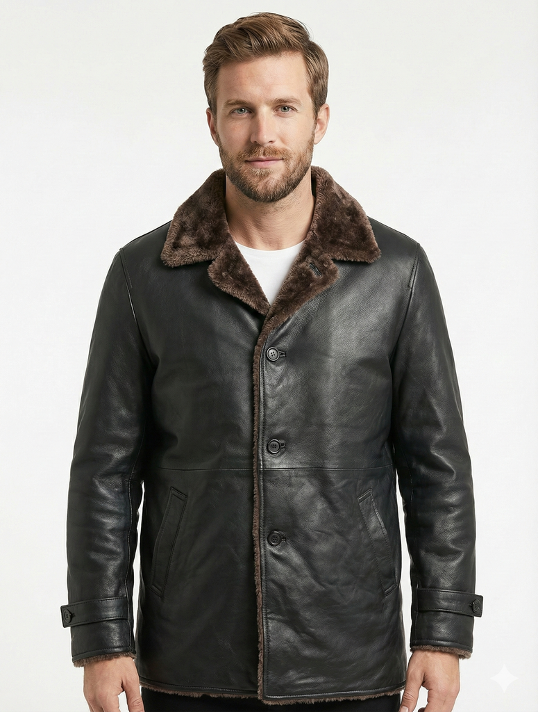 Men Moto Coat 3/4 Length with Artificial Shearling - Button Up Leather Coat Style - 1071