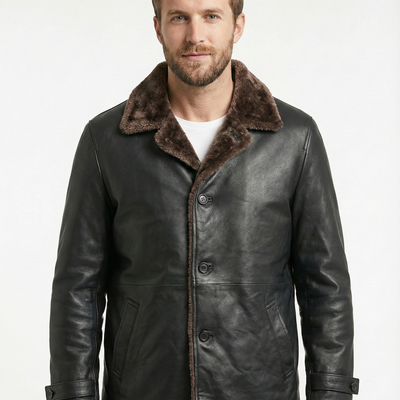 Men Moto Coat 3/4 Length with Artificial Shearling - Button Up Leather Coat Style - 1071